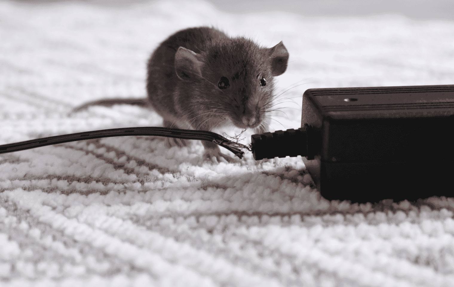 mouse in a home chewing a power cord